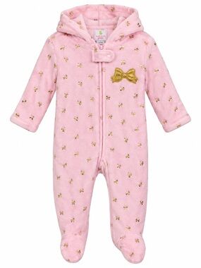Duck Duck Goose Baby Girls 3-6M Pink Gold Bow Hooded Fleece Footed Sleeper